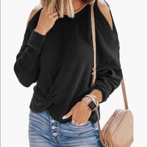 POGTMM Women's Casual Cold Shoulder Sweater Knot Twist Front Long Sleeve M.